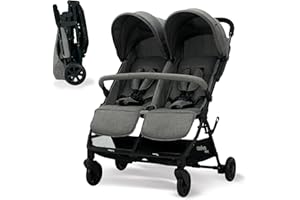 Silla de Paseo Doble para Gemelos o Hermanos, Ligera, Reclinable y Plegable con Capotas y Freno Trasero – Asalvo DOUBLE HENRY Gris
