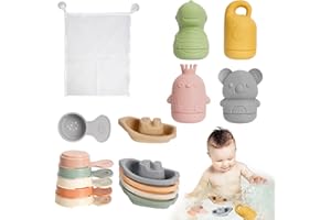 SWEETONE Jouets de Bain pour Bebe, 15 Pièces Jouet Bain Bébé à Presser Sensoriels avec Bateaux Empilables et Cuillère, Silicone Souple Jouet Bain Enfant Jeux Educatif 6 9 12 Mois 1 2 3 Ans