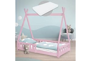 ‎ML DESIGN MODERN LIVING ML-Design Kinderbett Tipi 80x160 cm Rosa mit Matratze, Rausfallschutz und Lattenrost, aus Kiefernholz, Indianer Bett für Mädchen & Jungen, Hausbett mit Zaun, Bodenbett Jugendbett Spielbett Holzbett