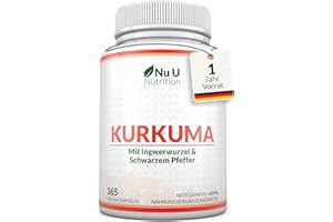 ‎NU U NUTRITION Kurkuma Kapseln Hochdosiert - 365 Vegane Kapseln - 1 Jahr Vorrat - 720mg Curcuma Pulver mit Ingwer & Piperin pro Tag - Curcumin, Ingwer & Schwarzer Pfeffer - Nu U Nutrition