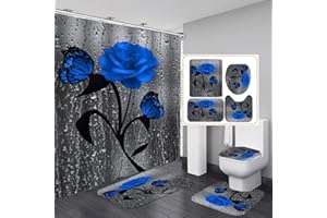 BULLPIANO 4 STK. Blumenduschvorhang-Sets mit rutschfesten Teppichen, Toilettendeckel und Badematte, Rose Flower Regentropfen-Duschvorhang mit 12 Haken, wasserdichter Stoff-Duschvorhang Badezimmerdekor