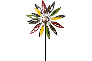 LEVANDEO Moulin à vent en métal - Hauteur : 120 cm - Fleur multicolore - Décoration de jardin - Moulin à vent - Carillon éolien - Piquet en métal
