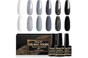 Shining She Esmaltes Semipermanentes Para Uñas en Gel UV LED,6 Colores Blanco Glitter Gris Negro Pintauñas Semipermanentes Apto Para Principiantes Manicura,8ML