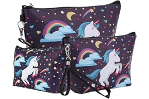 Panlom® Pack 3 Unicorn Girls Toiletry Bag Waterproof PU Wash Bag for Kids Girls Accessories Gift Set with Wrsit Strap