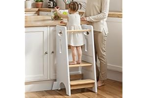 COSYLAND Toddler Standing Tower Adjustable Height - Kitchen step Stool Helper Super Stable - 3 Levels Adjustable Kids Learning Stool for Kitchen Stool (Natural & White,Large)