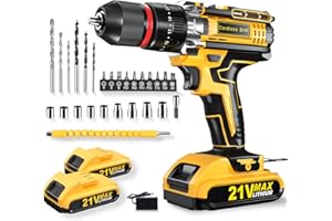 KELNOW Cordless Hammer Drill Set, 21V Impact Drill Driver and Screwdriver Set with 2 Batteries, 25+3, 10mm Heave Duty DrillChuck, 2 Speed Power Combi Battery Drill Set with 27 Accessories for Home DIY Gift