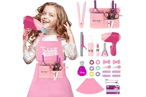 deAO Zestaw fryzjerski dla dzieci z suszarką, lokówką, grzebieniem, lustrzem, fartuchem i akcesoriami, zabawka dla dziewczynek od 3 do 8 lat