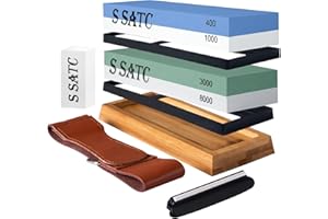 S SATC SATC Sharpening Stones for Kitchen Knives 400 1000 3000 8000 Grit Whetstone Knife Sharpener with Non-Slip Wood Base, Flattening Stone, Angle Guide and Leather Strop