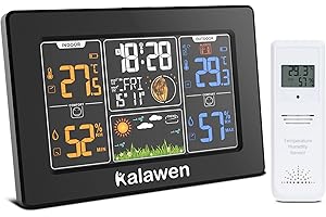 Kalawen Wireless Weather Station, Digital Color Weather Station with Outdoor Sensor, Digital Alarm Clock,Temperature, Humidity Monitor, Weather Forecast for Home Bedroom Garden, Black