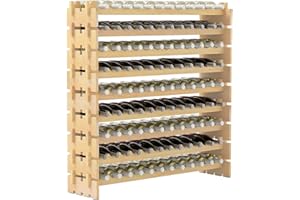 COSTWAY 36/60/72/108 Bottles Wine Rack, 6-Tier Stackable Storage Wine Holder Stand, Natural Solid Wood Drink Organizer Display Shelf for Home Kitchen Bar Cellar (108 Bottles, 120x29x118cm)