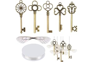 SANNIX Lot de 50 clés squelettes vintage avec 50 paires d'ailes de libellule et cordon élastique en cristal de 30 mètres pour les décorations de Noël faites maison, Bronze, Cristal