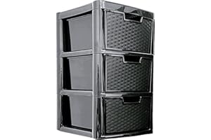 ALEEZ - Large Plastic Drawer Storage Unit - Rattan Effect 3 Drawer Cabinet - Multipurpose Storage Organiser - Office, Tabletop Desktop Drawer - Bedroom Chest Drawer Unit - (Black, 3 Drawer)