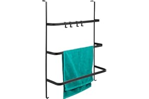 bremermann Tür-Hängeregal aus Metall, Tür-Handtuchhalter mit 3 treppenartig angeordneten Handtuchstangen, 4 praktische Haken, zum Einhängen an der Tür Innen- oder Außenseite, schwarz
