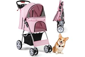 COSTWAY Wózek dla psów domowych do 15 kg, z okienkiem z siatki, uchwytem na napoje, koszem i ochroną przed słońcem, składany wózek dla kotów