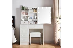 ‎SAIMEIHOME Saimeihome Schminktisch mit Spiegel und Hocker, Frisiertisch mit Beleuchtung in 3 Farbmodi, Kosmetiktisch mit 6 Schubladen & 6 Fächern für Schlafzimmer Kinderzimmer-80x36x130cm