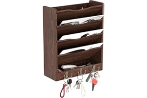 Senhoglb Zeitungshalter Wand, Hängeregister Stehsammler Holz mit 6 Haken, 5-stufiger zeitungsständer wand Prospekthalter A4 für das Home Office, Briefablage Braun