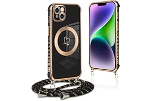 Pnakqil Handykette für iPhone 14 Plus Hülle mit Band, Kompatibel mit MagSafe, Handyhülle Ultra Dünn Silikon Magnetisch mit Herz Love Muster Schutzhülle mit Kordel für iPhone 14Plus 6.7 Zoll, Schwarz