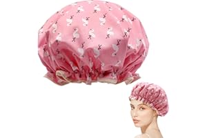 YOOLLY Shower Cap for Women, Elastic Band Waterproof Plastic Shower Cap, Double Layers Reusable With Ruffled Edge Covering Ears for Long, Short and Curly Hair (Pink Bird)