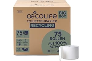 ‎ŒCOLIFE œcolife Toilettenpapier Box RECYCLING, 3-lagig, 75 Rollen x 180 Blätter, Großpackung für Gewerbe und Haushalt, Recyclingpapier