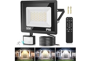 TAILCASLED Security Lights Outdoor Motion Sensor 50W, 3 Colours 4500LM PIR Motion Sensor Lights Outdoor with Remote Control, IP66 Waterproof Outside Lights Dimmable Security Light Floodlight for Backyard, Garden