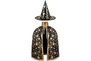 AYBUY Wizard Cape Witch Cloak Kids, Witch Costume Cloak and Hats for Kids, Halloween Costume Props Costume with Golden Stars Pattern for Children, Girls Halloween Party Cosplay Costumes