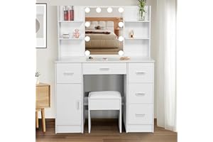 Dradaomull Tavolo da toeletta con illuminazione, specchio da toeletta con 5 cassetti e 6 ripiani, tavolo da toeletta con specchio scorrevole per camera da letto, bianco, 140 x 100 x 40 cm