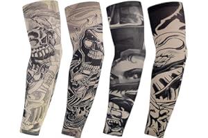 MaoNativey 4Pcs Tattoo-Ärmel für Männer & Frauen - Realistische Fake-Tattoos mit Rock & Totenkopf-Design - Atmungsaktive Stretch-Nylon Ärmel (38cm) für Sport & Sonnenschutz,A