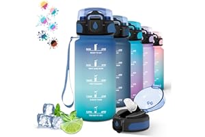 GRSTA Gourde 500ml avec Paille Anti-Fuite, Graduée pour 1 Journée avec Slogan de Motivation, Facile à Nettoyer pour l'École, Extérieur, Voyage - Bleu-Vert