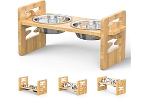 TONGKTAI Gamelle Surélevée pour Petit Chien/Chats, Animaux de Compagnie avec Support Réglable en Bambou avec 2 Bols en Acier Inoxydable et Pieds Antidérapants