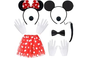 BITOWO Mouse Kostüm Damen Erwachsene mit Mini Mouse Ohren Haarreif Rock Rot Nase Handschuhe Schwanz Schleife Mini Mouse Kostüm Damen Frauen Mini Maus Kostüm Damen Erwachsene Fasching