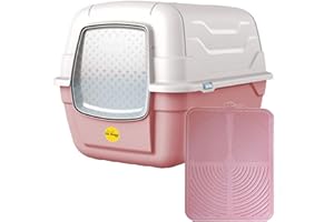 CAT CENTRE Pink Large Litter Tray Hooded Toilet Kittens Cats Charcoal Filter Flap Door Scoop Enclosed High-Sided Loo Box with Mat Bundle