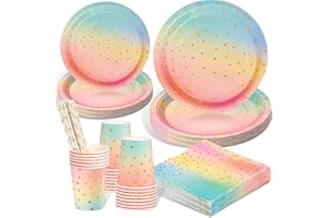 AOLLEN Stoviglie per Feste Set, 125 Pezzi Arcobaleno Piatti di Carta Set Bambini,Carta Colorato,Tazza Di Carta,Tovaglioli,Cannucce per Compleanno,Baby Shower,Matrimonio,25 Ospitis