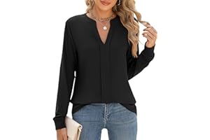 Cuptacc Camiseta Mujer Manga Larga Cuello en V Camisa Mujer Blusa con Plisada Elegante Suelta Túnica Tops