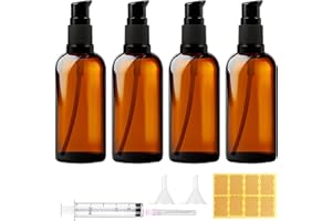 MirraSwit 4 Stück 100ml Leer Glasflaschen Braun, Bernsteinfarbene Glas-Lotion-Flaschen, Pumpflasch, mit Trichter, Spritze, Aufkleber für Aromatherapie, ätherische Öle, Creme, Kosmetik
