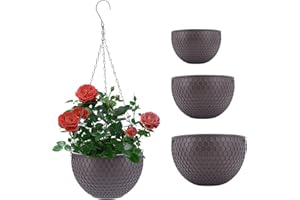 Seahelms Plastikowy wiszący kosz na rośliny, 20 cm, zestaw 3 sztuk, okrągły, wiszący doniczka na kwiaty do wewnątrz / na zewnątrz, z 3 haczykami łańcuszkowymi do roślin domowych, dekoracji ogrodu, brązowy