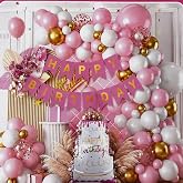 Pasta Folyo Balonlu Doğum G&uuml;n&uuml; Balon Zinciri Seti, Happy Birthday Banner, Pembe Beyaz Altın Parti S&uuml;sleri