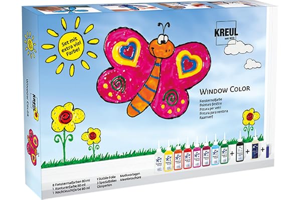 KREUL 42752 - Window Color Set Peinture pour Fenêtres, 10 x 80 ml peinture, inclus contour noir et peinture phosphorescente, pour enfants créatifs, films, perles de verre et modèles