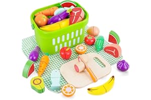 KMTJT Cutting Play Food Toys for Kids Kitchen 1 2 3 Years Old, Wooden Pretend Meats、Fruits and Vegetables with Shopping Storage Basket, Play Kitchen Accessories for Toddlers Children Birthday Gift
