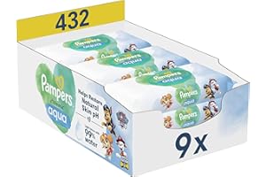 Pampers Harmonie Aqua Lingettes Pour Bébé 9 Paquets De 48 Lingettes = 432 Lingettes, Aident à restaurer le pH naturel de la peau, lotion douce avec 99% d’eau