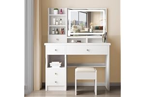 Zeaper Schminktisch mit LED Beleuchtung und Hocker Frisiertisch mit Großer Spiegel,Kosmetiktisch mit 6 Schubladen und 3 offene Ablagen, Make-up Tisch Modern für Schlafzimmer aus Holz, Weiß (Y-153)