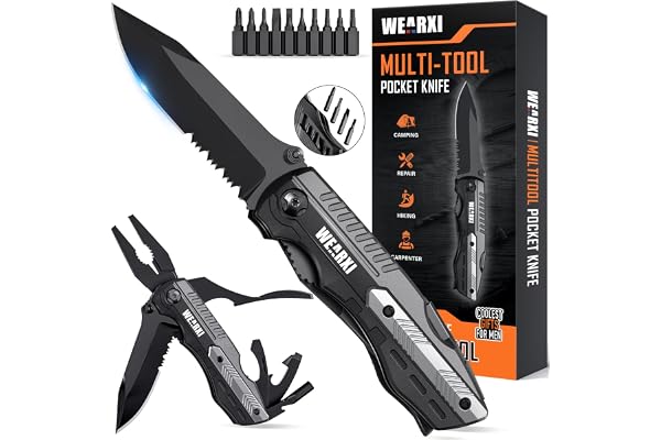WEARXI Cadeau Fete des Peres Original, 13 en 1 Couteau de Survie Pliant Multifonction, Idee Cadeau Anniversaire Homme, Couteau Suisse de Poche, Idéal pour Camping, Randonnée, Outdoor, Bricolage