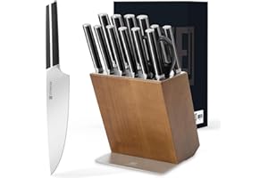 Hanmaster Set Coltelli da Cucina, 14 PZ con Portacoltelli, Acciaio Tedesco X50CrMoV15 Alto Carbonio, Design Salva-Spazio per Cucine Domestiche e Professionali, Nero