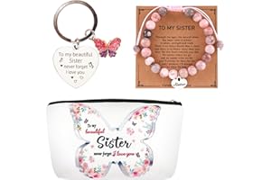 QBEJIME Sister Birthday Gifts, Sister Gifts, Friendship Gifts for Women, Sister Gift, Friend Gifts, Gifts for Sister, Sister Gifts from Sister, Birthday Gifts for Women (Makeup Bag+Bracelet+Keyring)