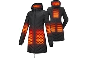 Topdot Beheizbare Jacke Damen mit Powerbank 12V 18400mAh -8 Heizzonen mit 3 Temperaturstufen, Lang Winddicht Wintermantel,Wasserdicht Pufferjacke mit Kapuze,Wärmejacke für Outdoor