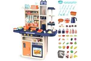 deAO Kitchen Playset Toy with Realistic Lights & Sounds, Kids Play Kitchen Set with Simulation of Spray Features, Pretend Role Play Toys with Lots of Kitchen Accessories for Toddlers (Blue)