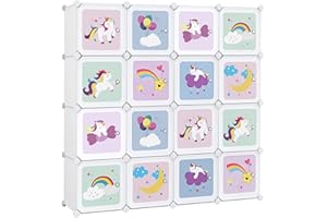 SONGMICS Regalsystem mit 16 Würfeln, Aufbewahrungsschrank für Kinder, Kleiderschrank mit Türen, Schuhregal aus Kunststoff, Steckregal, Mehrzweck, Schuhe, Spielzeug, 123 x 31 x 123 cm, weiß LPC906W01