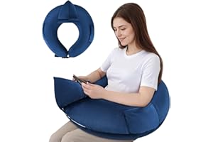 ‎INFANZIA Lesekissen für Gaming, Armlehne Unterstützung Bücherkissen, U-förmiges Lap Kissen mit Seitentasche zum Sitzen im Bett/Sofa/Boden, Häkelkissen mit Tablet Unterstützung für Lesen, Häkeln, Arbeiten, Blau
