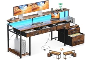 Coleshome Computer Desk with Drawers, 162x48cm Office Desk with LED Lights & Power Oultet, Reversible PC Study Table with Storage, Vintage Brown