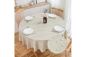 SPRICA Round Tablecloth 200cm Diameter Water Resistance Linen Texture Spill Proof Wipeable Table Cover Solid Colour Circle Cover, Linen Colour