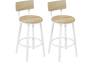 WOLTU Sgabelli Cucina Set di 2, Sgabelli da Bar per Colazione, con Poggiapiedi e Schienale, Struttura in Metallo, Effetto Legno Chiaro